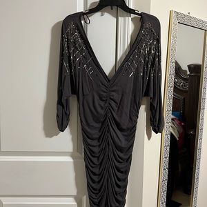 Dark grey v- neck long sleeve ruched dress with sequence on the top